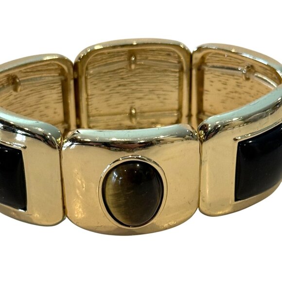 Chico's Gold Tone Tiger's Eye Black Stone ? 1" Wide Stretch Bracelet - Picture 3 of 5